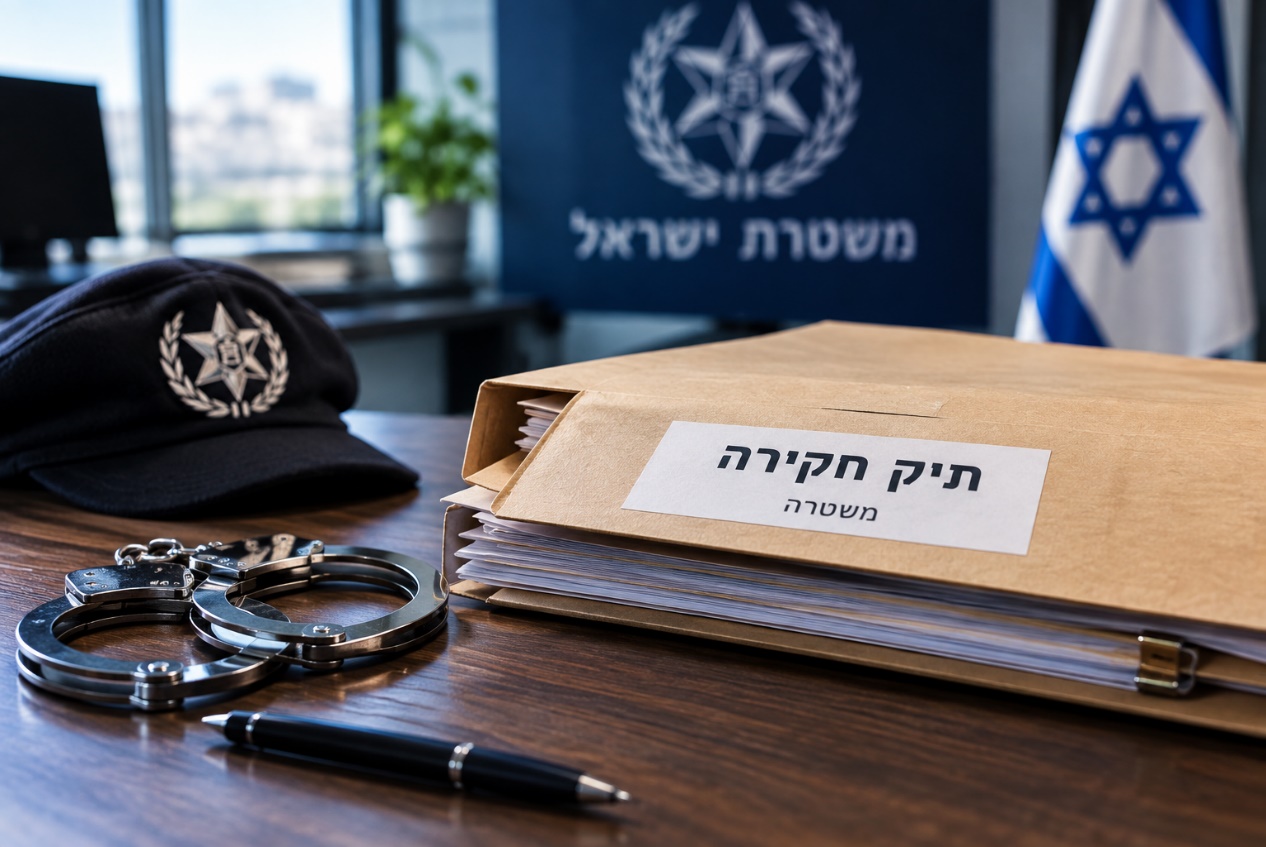 תיק חקירה של המשטרה, אזיקים וכובע שוטר על שולחן עם דגל ישראל ברקע