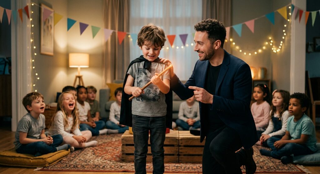 קוסם לילדים במסיבת יום הולדת מציג קסם עם שרביט מואר יחד עם ילד עטוי גלימה, כשברקע ילדים יושבים וצופים בהתלהבות במופע בסלון מקושט.